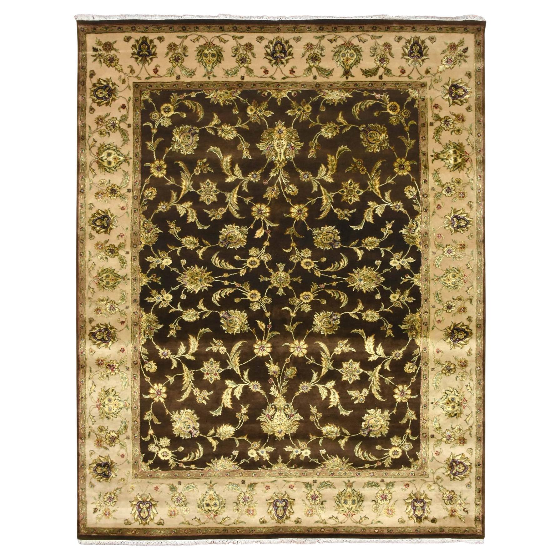7'10 "x10' Dirt Brown Rajasthan Leaf Design Tappeto orientale in lana e seta annodato a mano in vendita