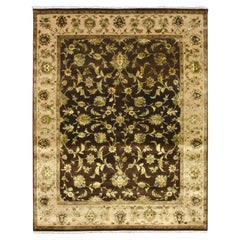 7'10"x10' Dirt Brown Rajasthan Leaf Design Hand Knotted Wool & Silk Oriental Rug