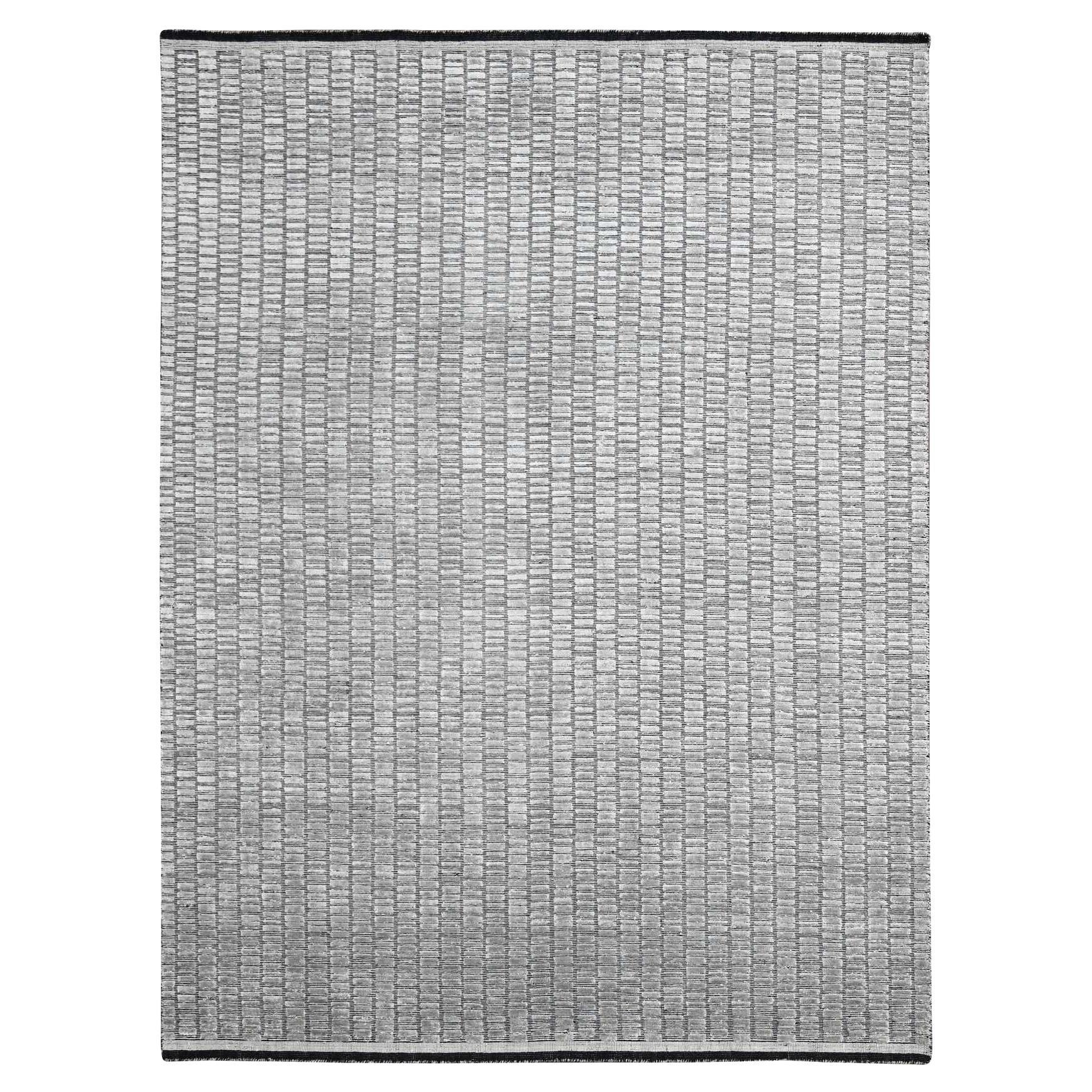 7'10 "x10' Grigio e nero, Tappeto di Lana e Seta a telaio a mano con design romano moderno