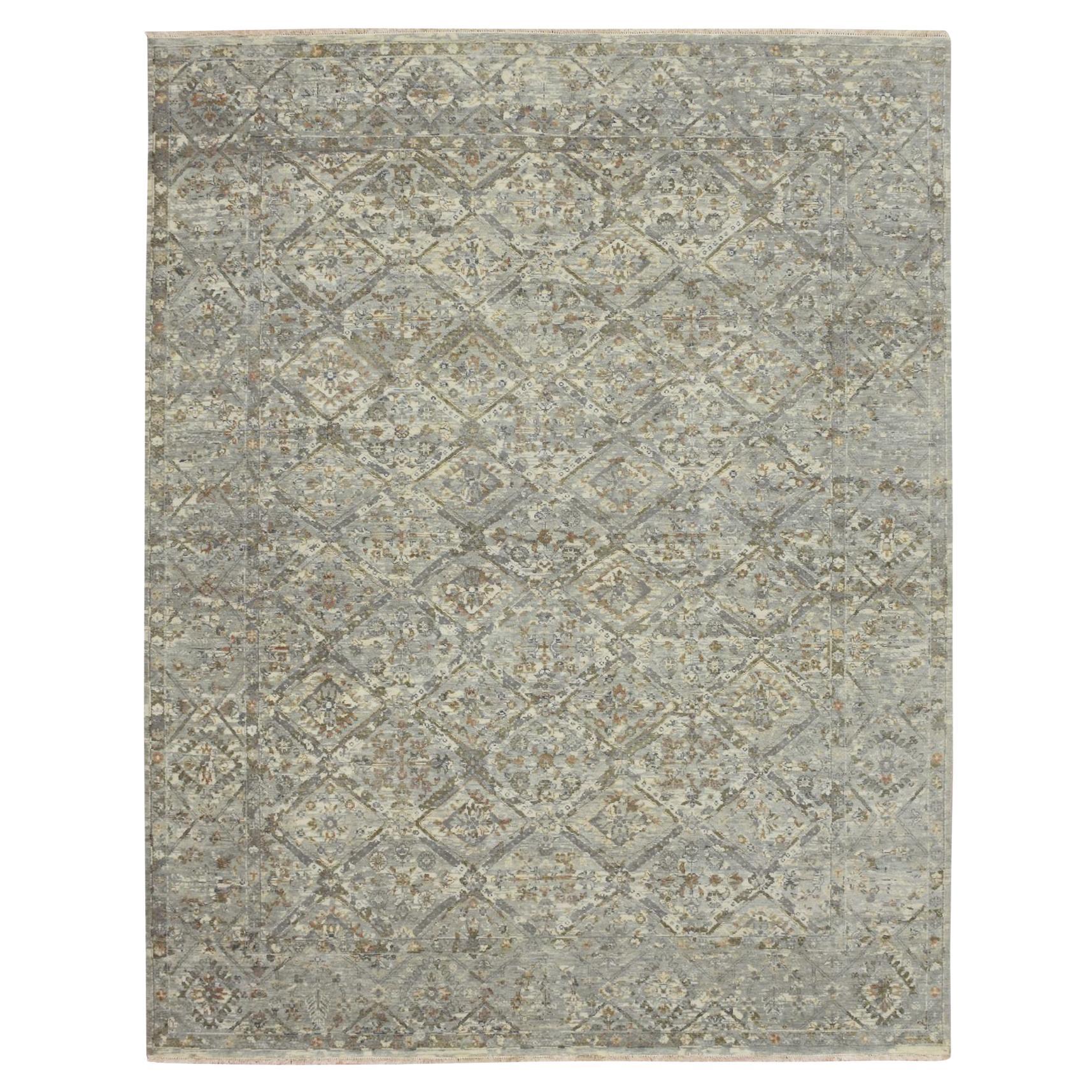7
10"x10
Gray Erased and Broken Garden Design Hand Knotted Pure Wool Rug