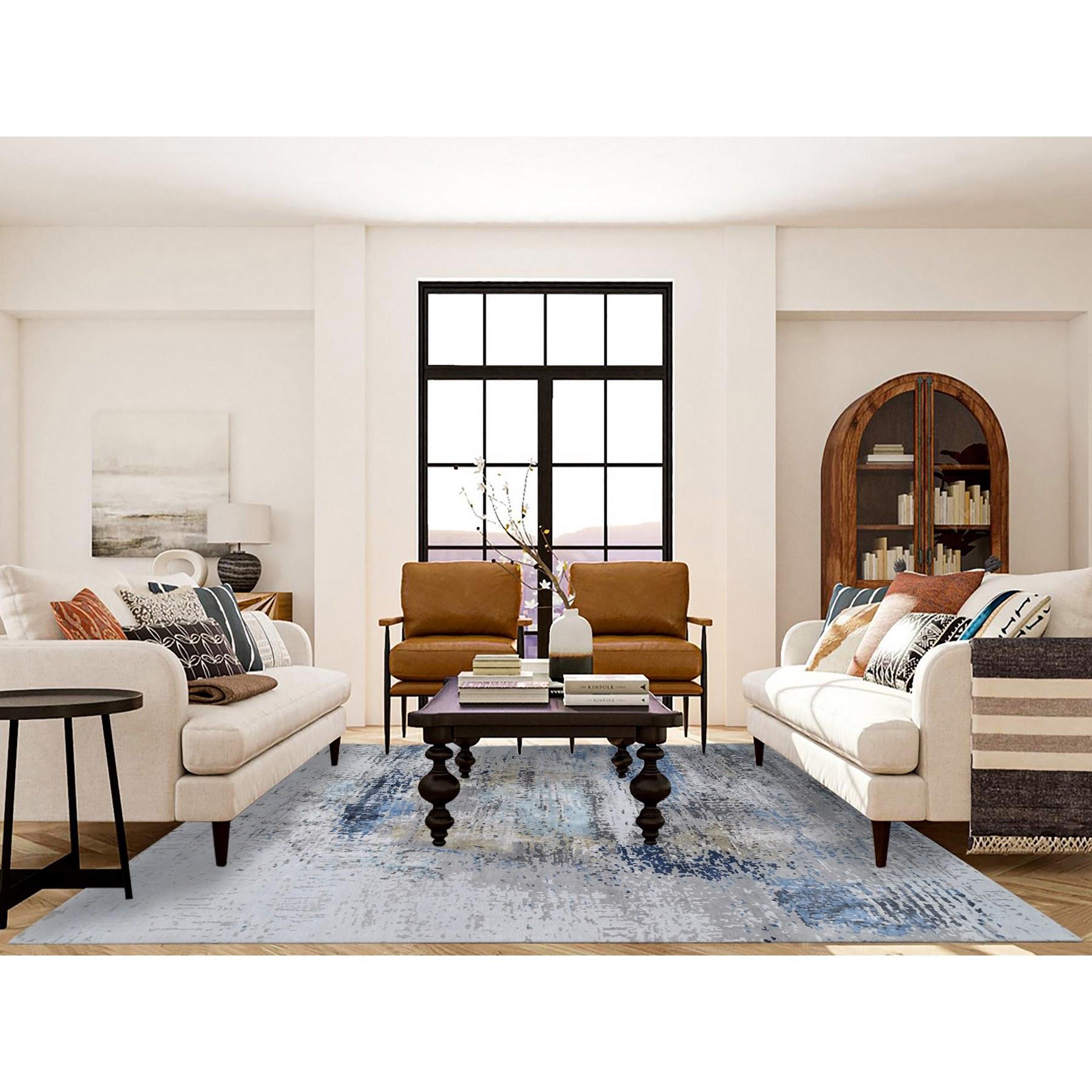 This is a truly genuine one-of-a-kind Gray, Denser Weave Wool and Silk Hand Knotted, Modern Abstract Design Soft Pile, Oriental Rug. It has been Knotted for months and months in the centuries-old weaving craftsmanship techniques by expert