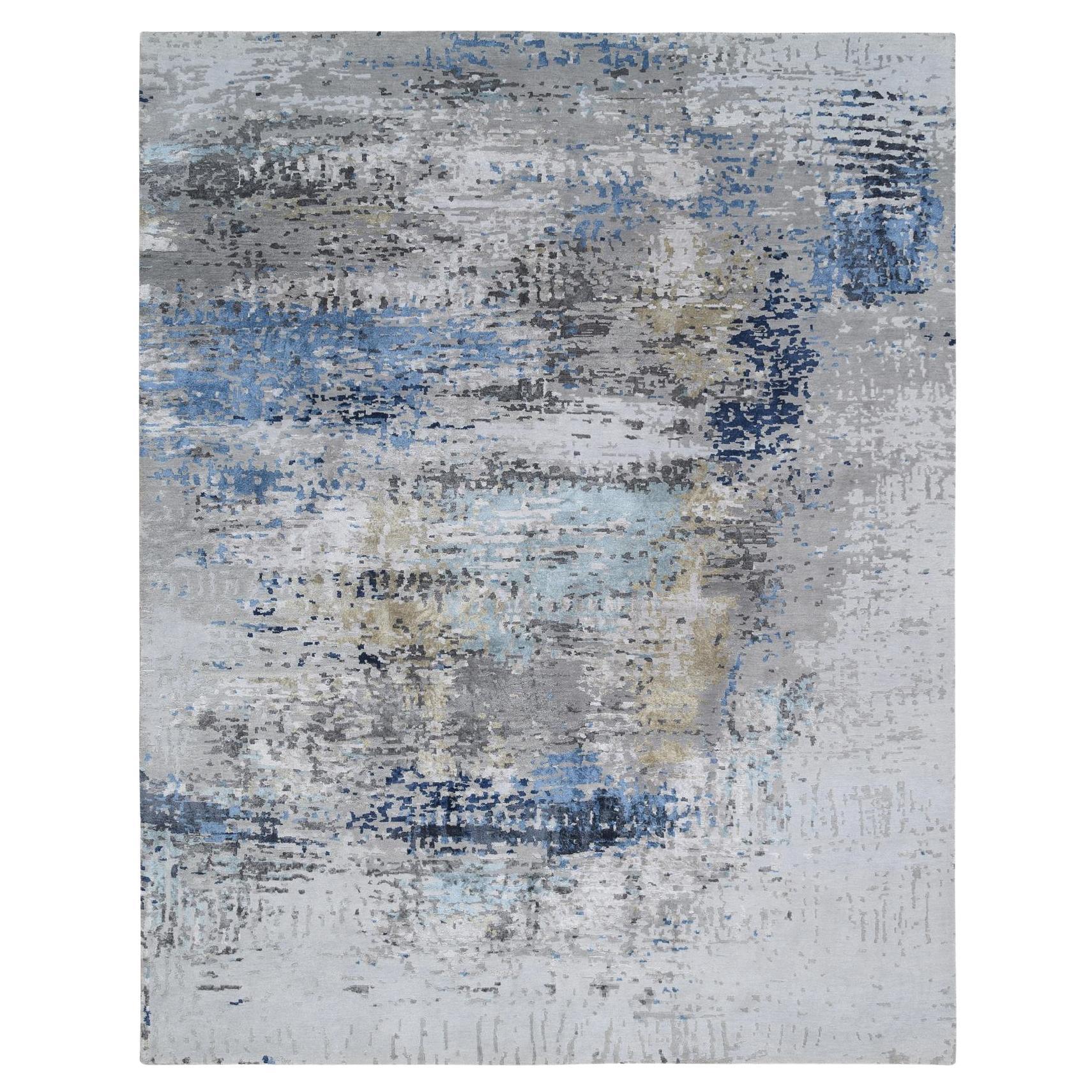 7'10"x10' Gray Wool and Silk Hand Knotted Modern Abstract Design Oriental Rug For Sale