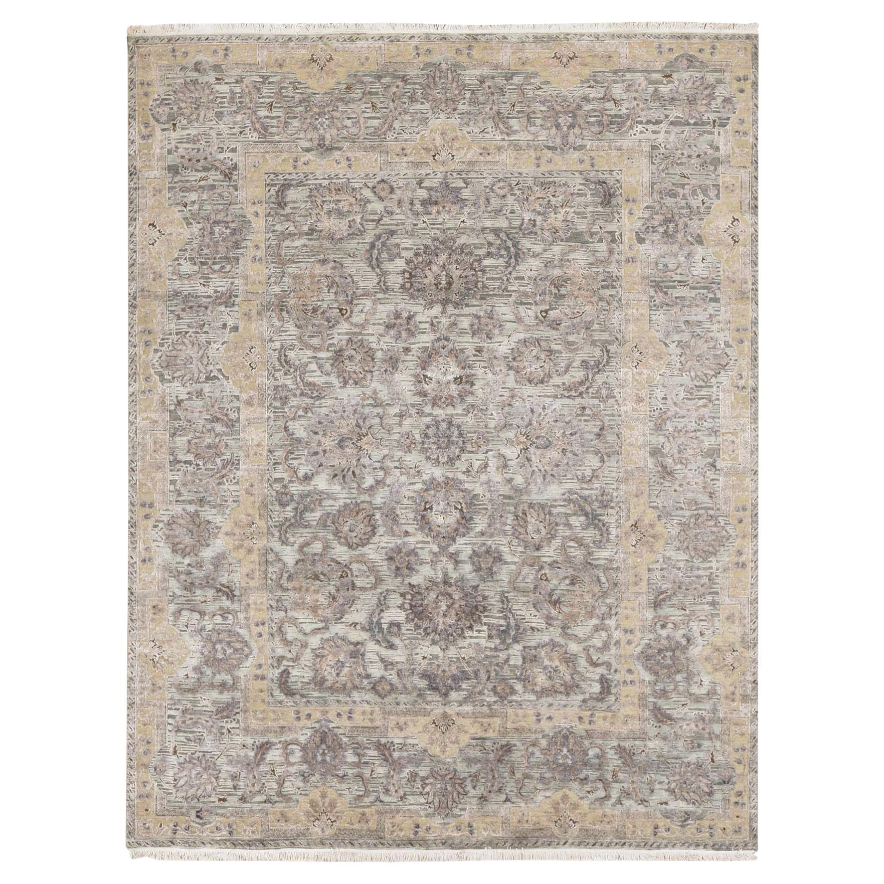 7'10"x10' Green Pure Silk with Wool Mughal Design Hand Knotted Oriental Rug