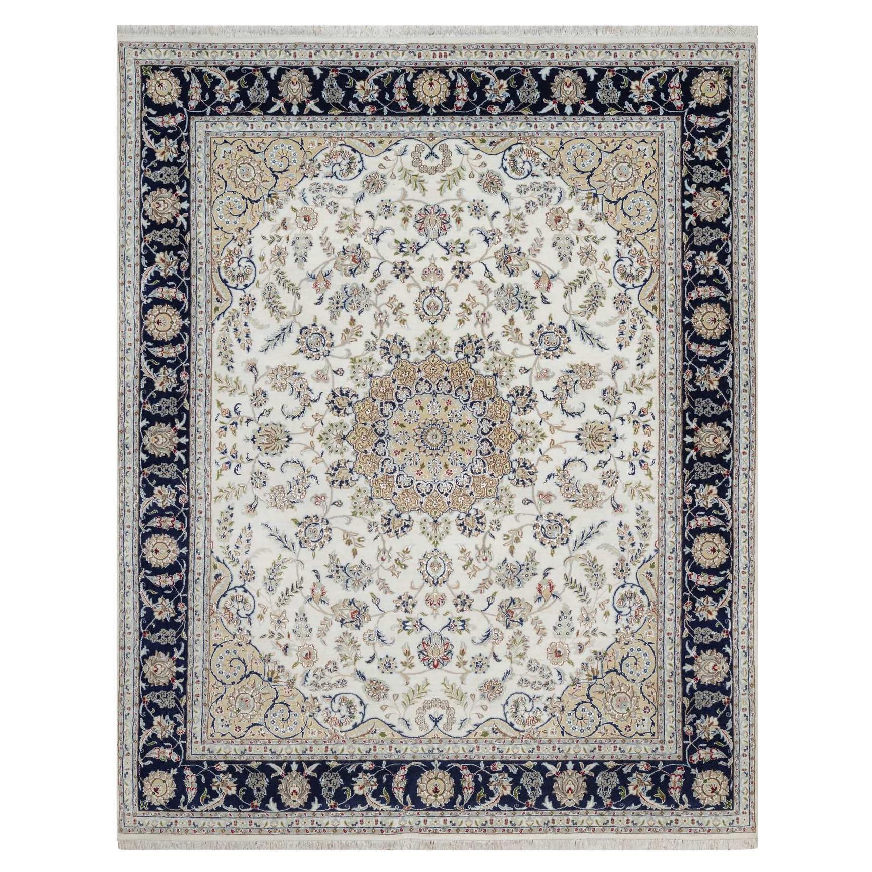 7
10"x10
Ivory Nain with Flower Design Wool and Silk 250 KPSI Hand Knotted Rug