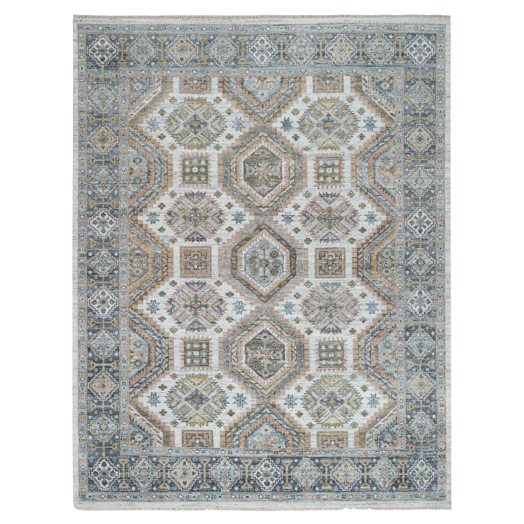 7'10"x10' Ivory Pure Wool Hand Knotted Karajeh Heritage Design Rug