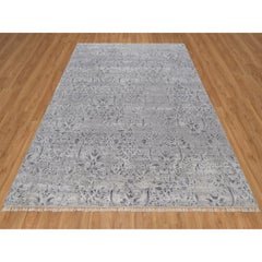 7'10"x10' Light Gray Hand Knotted Damask Design Tone on Tone Wool and Silk Rug