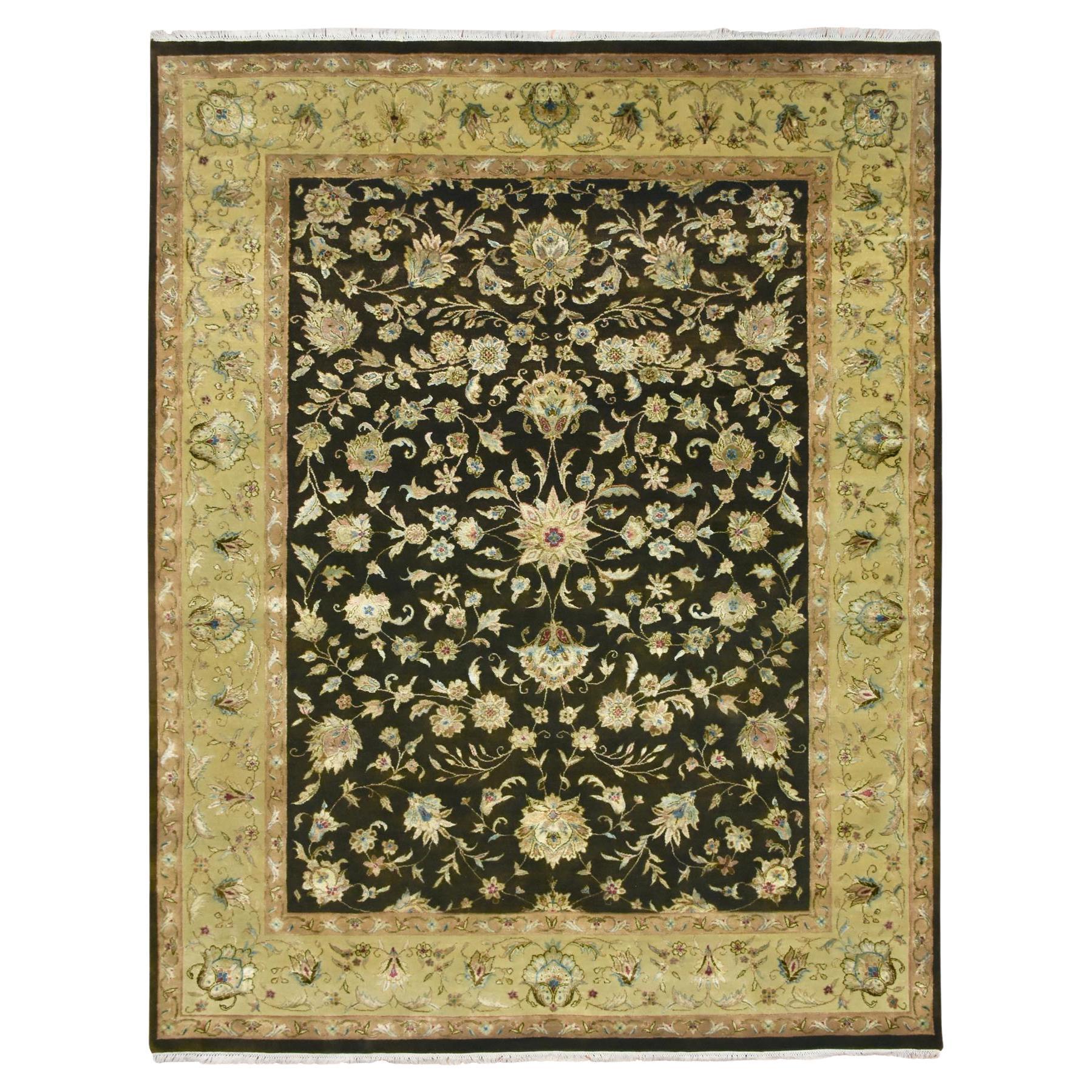 7'10"x10' Mocha Brown Hand Knotted Wool and Silk Rajasthan Leaf Design Rug