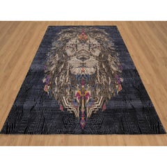 7'10"x10' Onyx Black Maharaja Lion Novelty Wool & Silk Hand Knotted Oriental Rug
