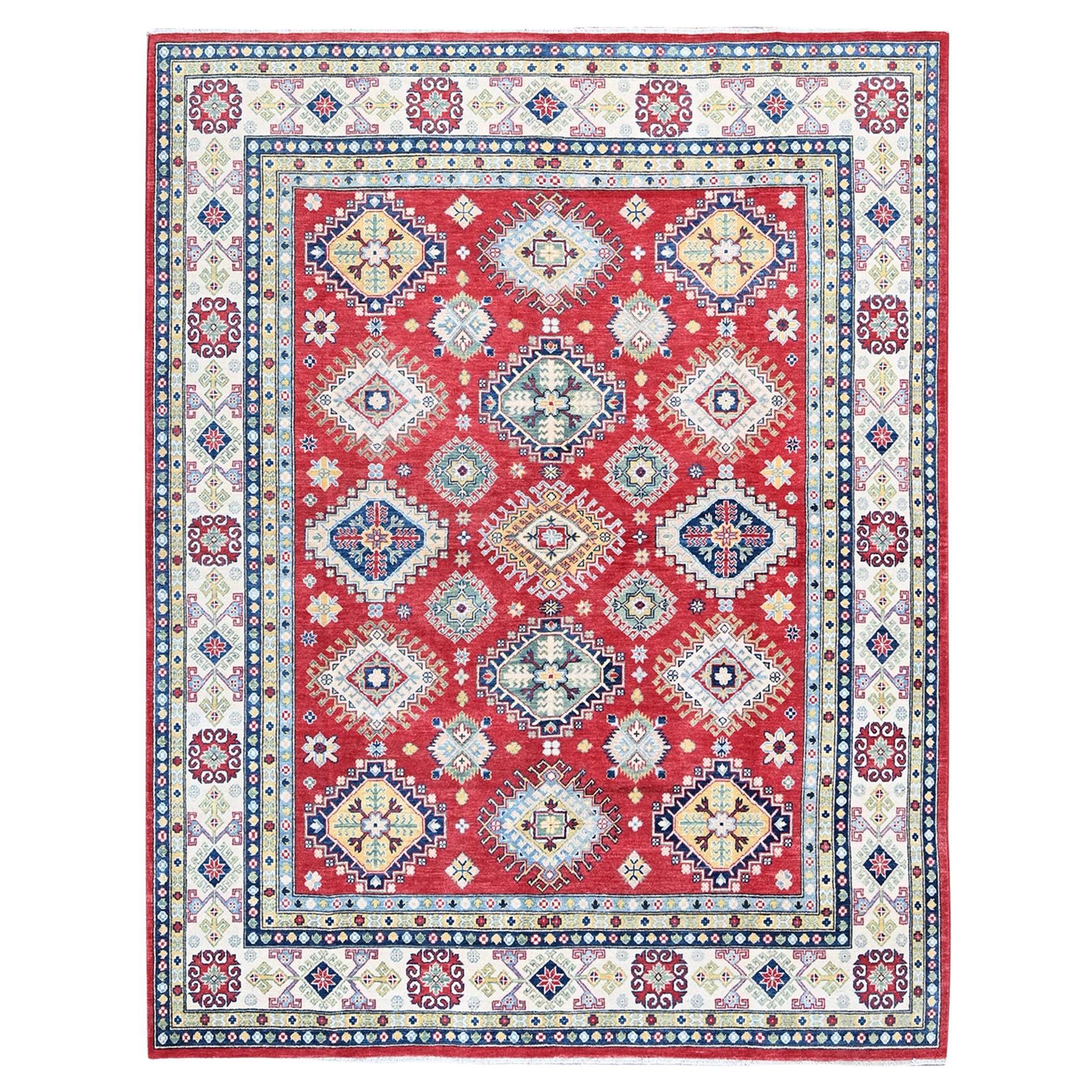 7'10"x10' Red Kazak with Geometric Medallions Design Hand Knotted Wool Rug