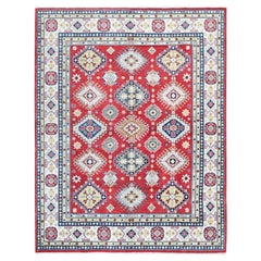 7'10"x10' Red Kazak with Geometric Medallions Design Hand Knotted Wool Rug