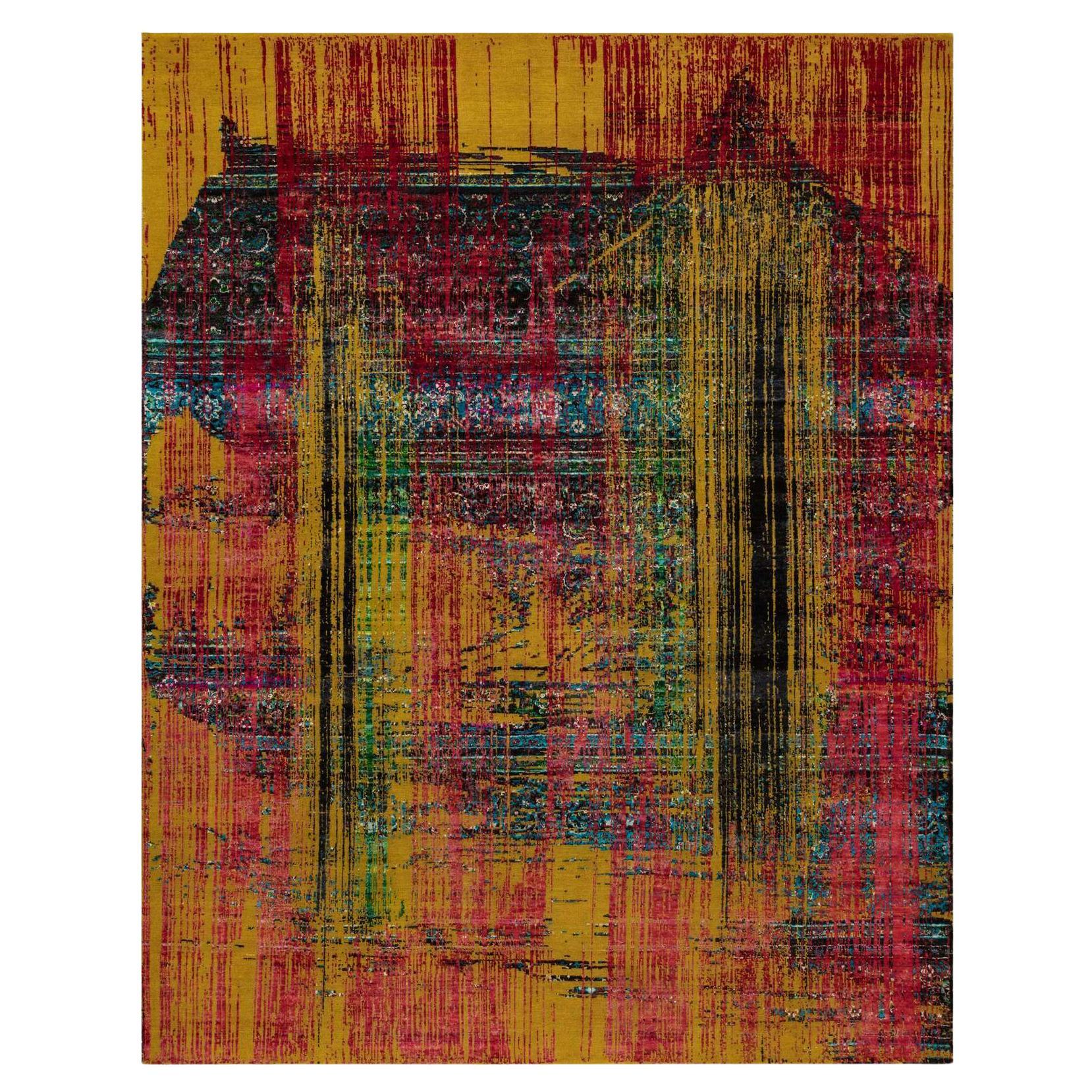 7
10 "x10
 Tapis noué à la main en soie Sari jaune et laine oxydée à motifs effacés en vente