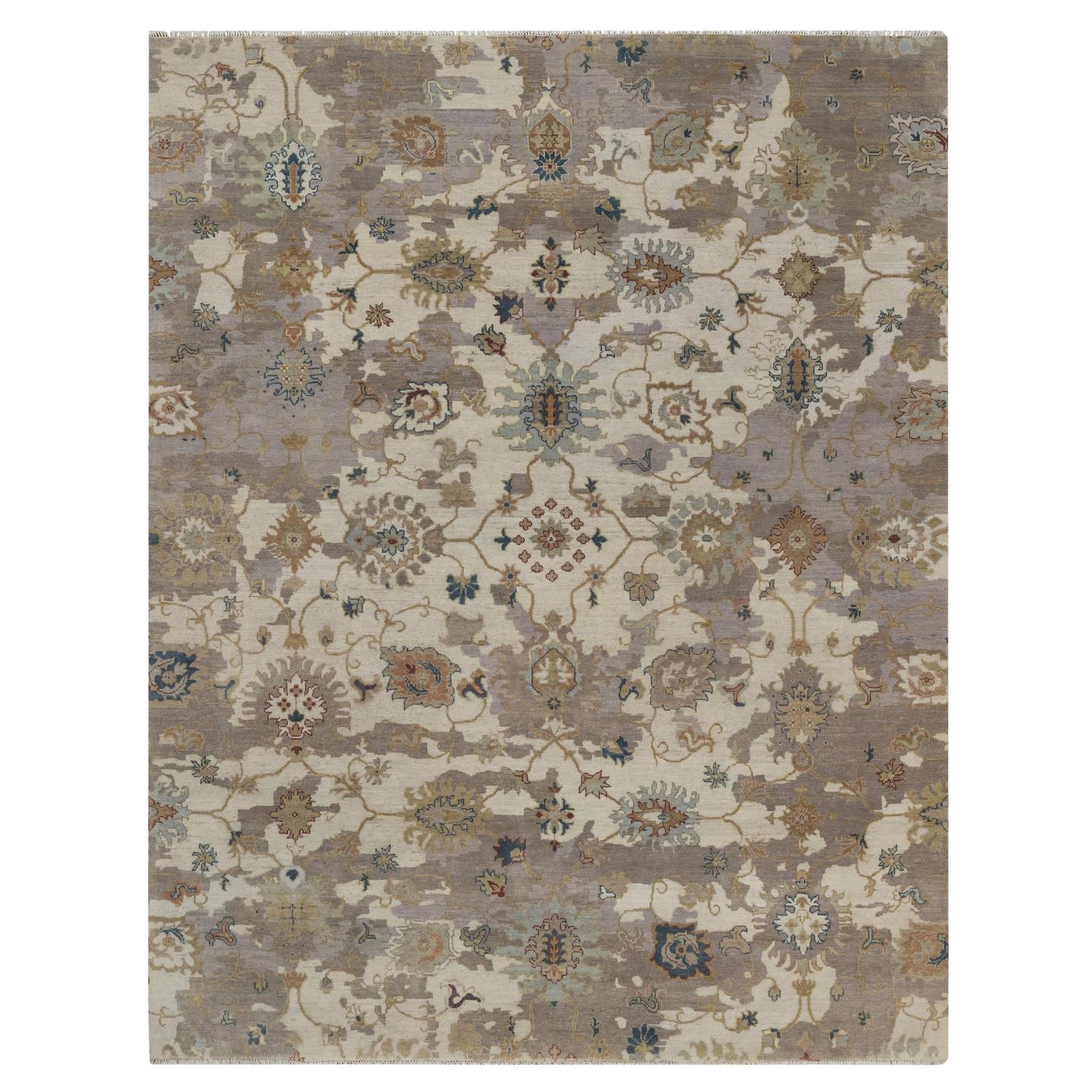 7'10"x10'1" Ivory Hand Knotted Borderless Oushak with Leaf Design Pure Wool Rug
