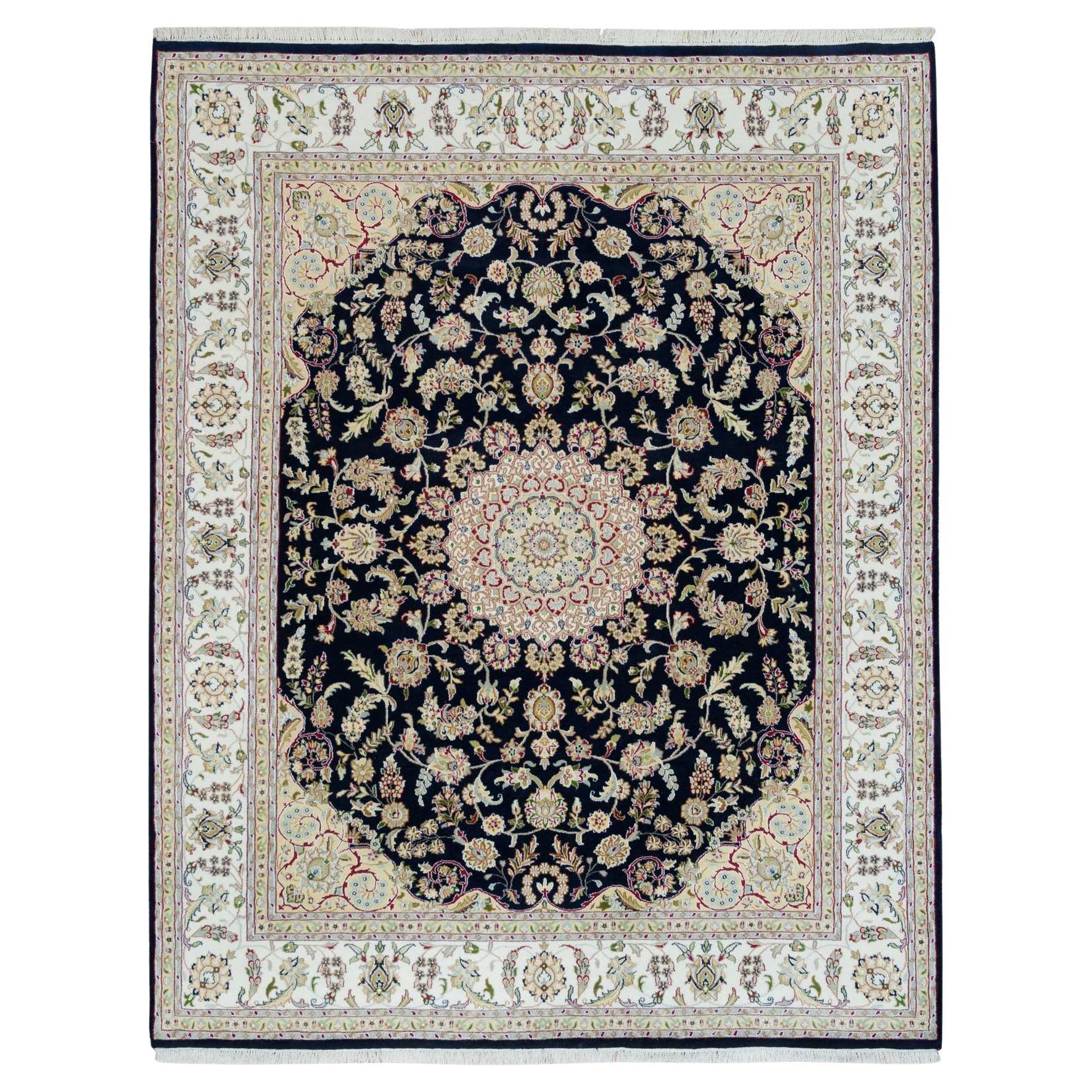 7'10"x10'1" Midnight Blue, Hand Knotted, Nain Design, 250 KPSI Soft Wool Rug