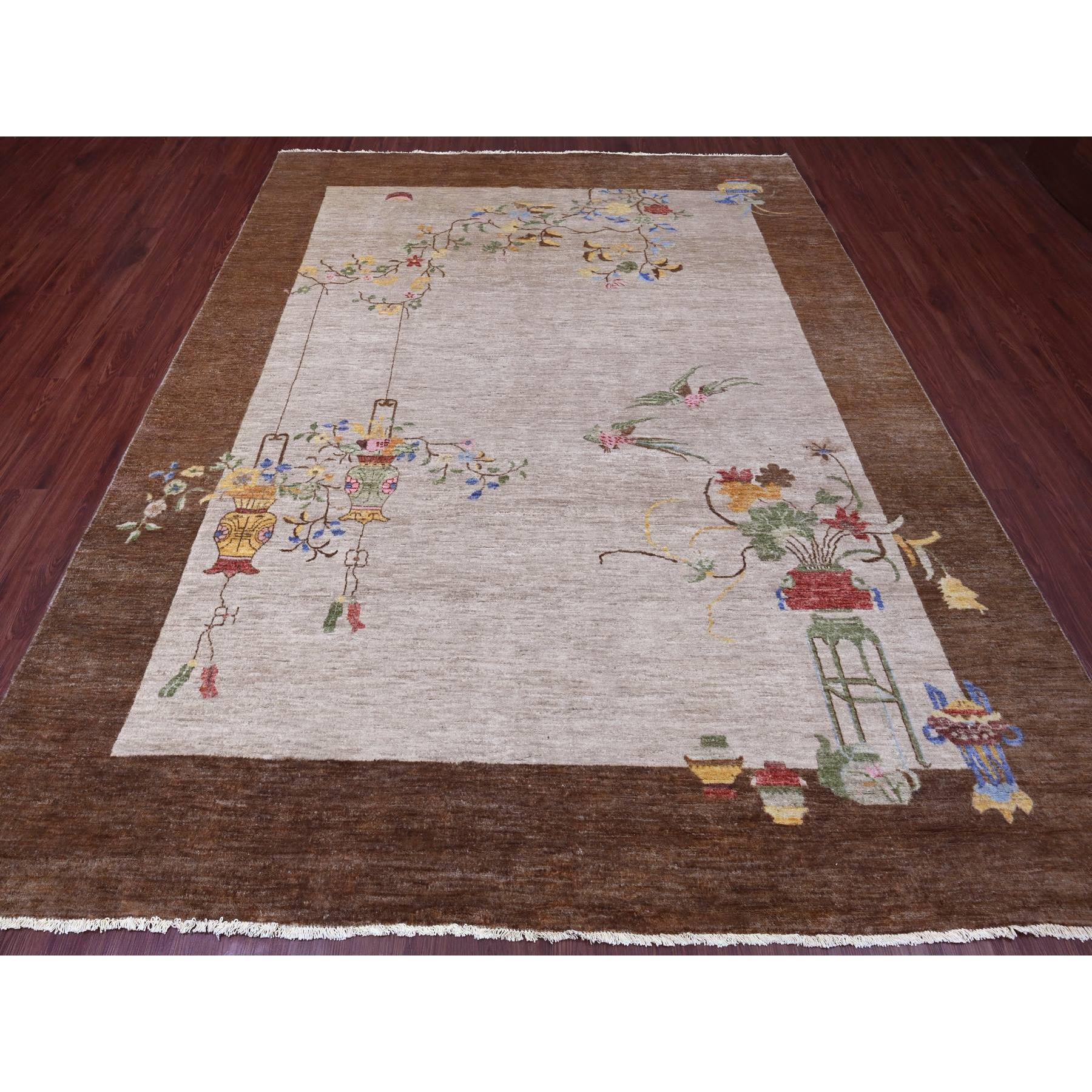 Alabaster White, Chinese Art Deco Inspired Peshawar, Hand Knotted, Vegetable Dyes, 100% Wool, Oriental Rug
Primary materials: Wool
Latex: No Pile 
height: 0.25 Inches
Style: Transitional
Primary color: Ivory
Secondary colors: Yellow, Green, Red,