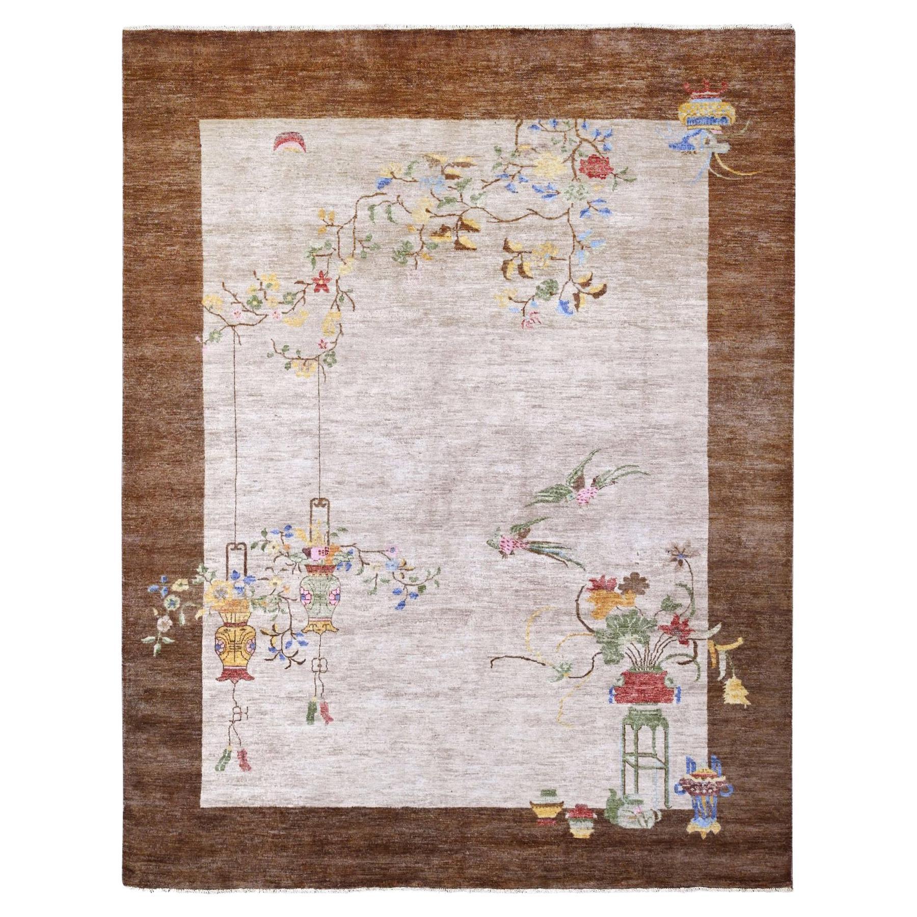 7'10 "x10'1" White Chinese Art Deco Inspired Peshawar Hand Knotsted Pure Wool Rug