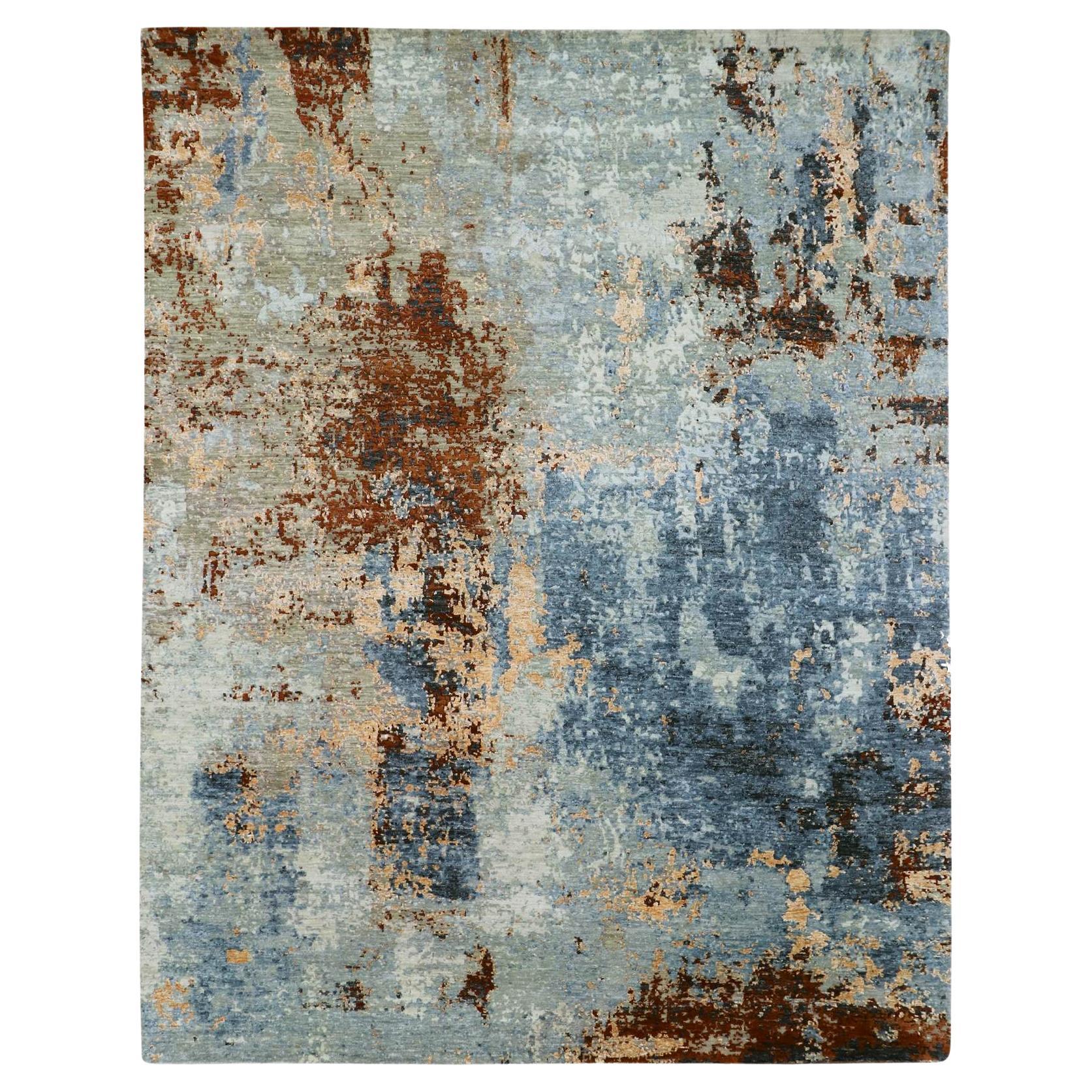 7'10"x10'2" Blue with Rust Red Hand Knotted Abstract Design Wool Oriental Rug