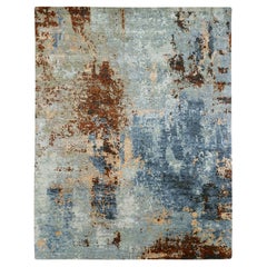 7'10"x10'2" Blue with Rust Red Hand Knotted Abstract Design Wool Oriental Rug