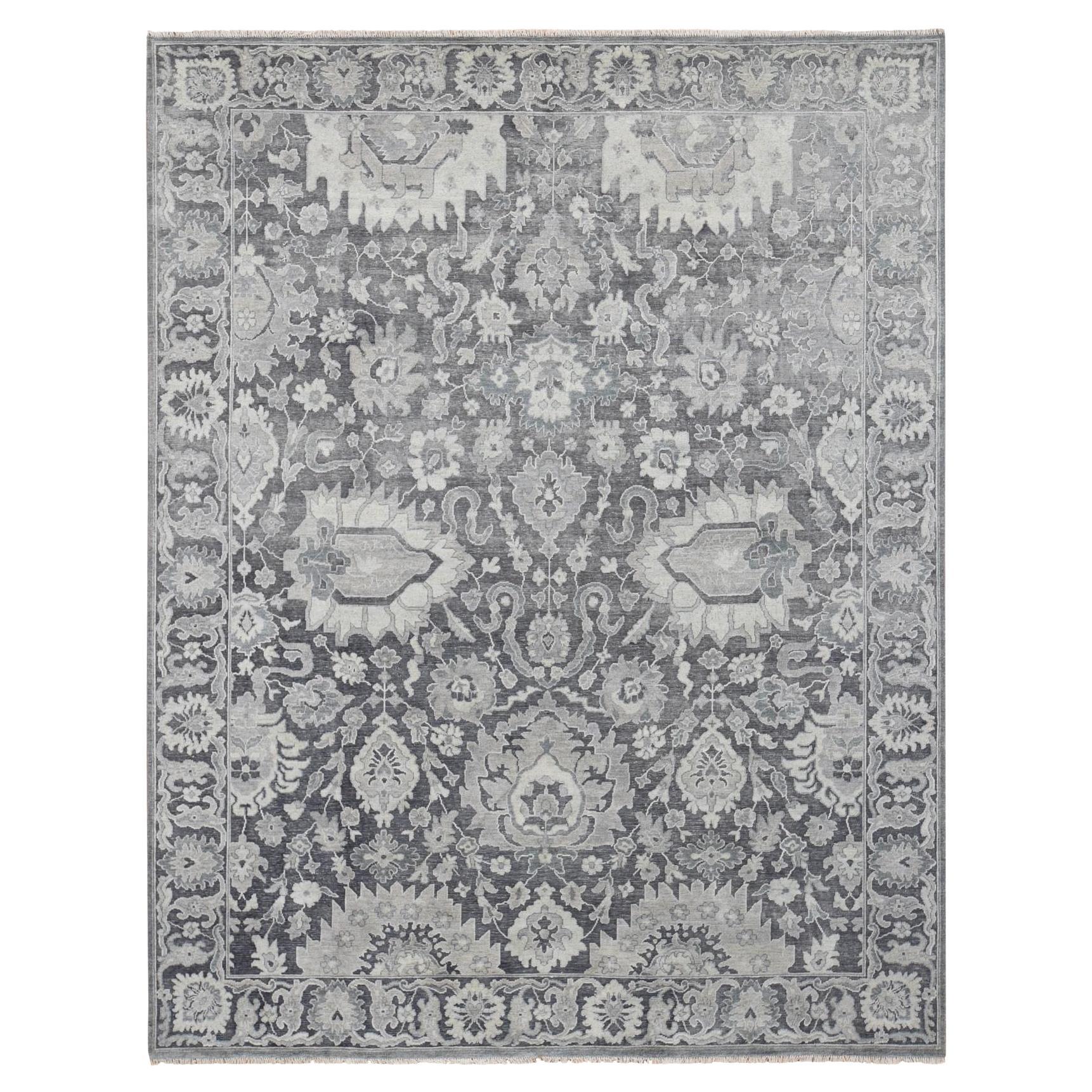 7'10"x10'2" Charcoal Gray Silk-Textured Wool Hand Knotted Oushak Influence Rug