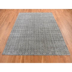 7'10"x10'3" Gray Pure Silk with Wool Roman Key Design Hand Knotted Oriental Rug