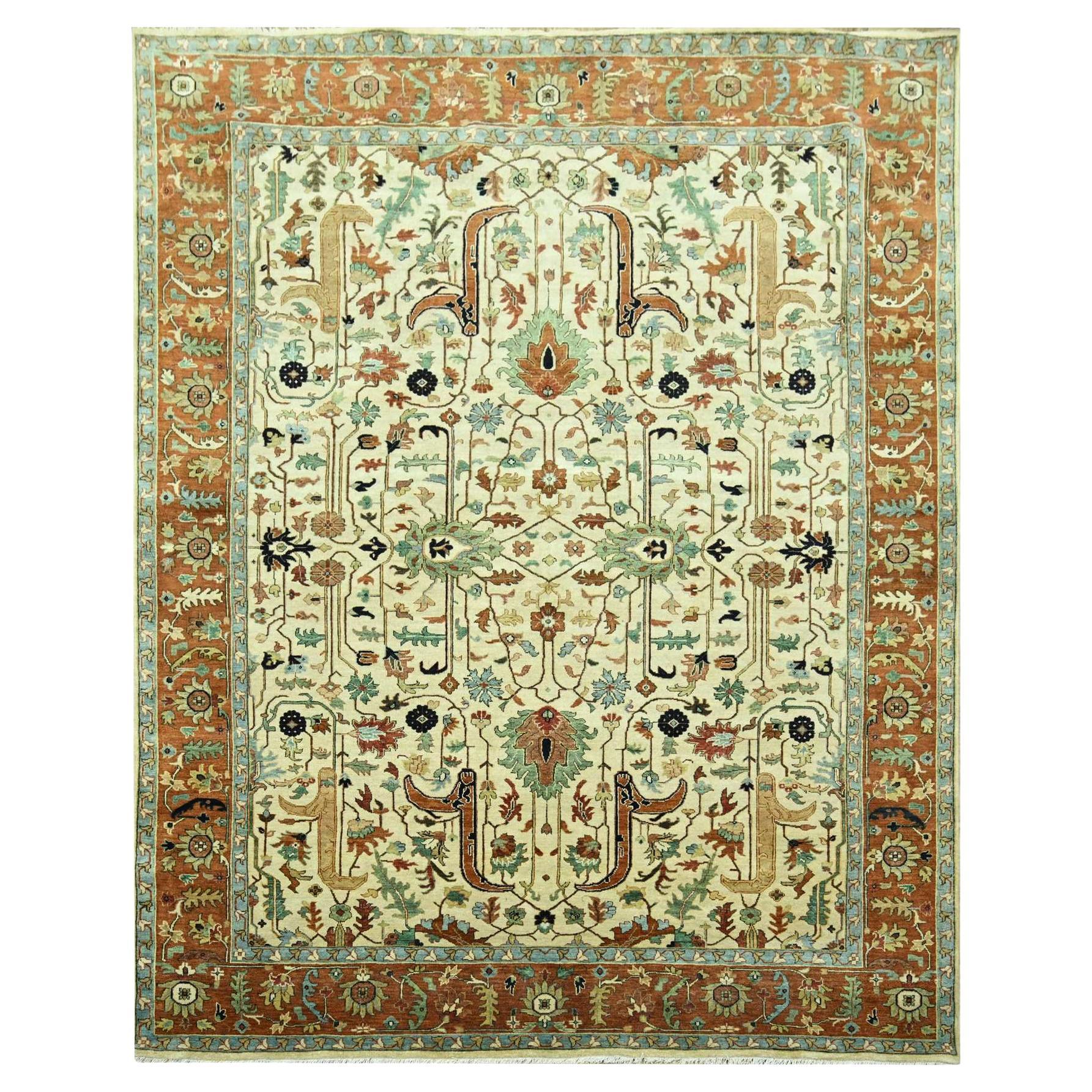 7'10 "x10'3" Alfombra de Lana Suave Anudada a Mano con Diseño Integral Heriz Marfil Tintes Naturales en venta