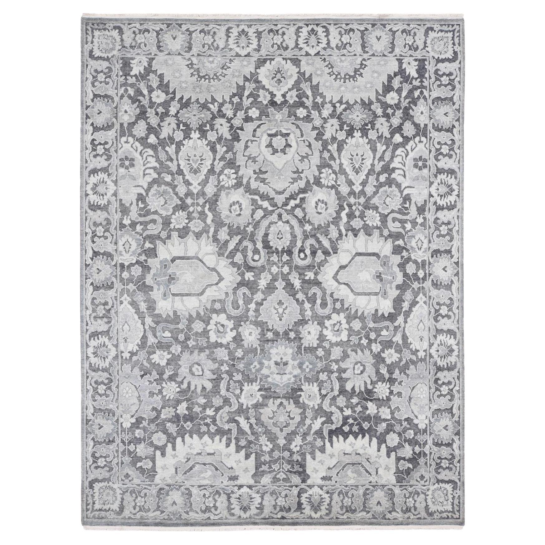 7'10"x10'4" Gray Silk with Textured Wool Hand Knotted Oushak Influence Rug
