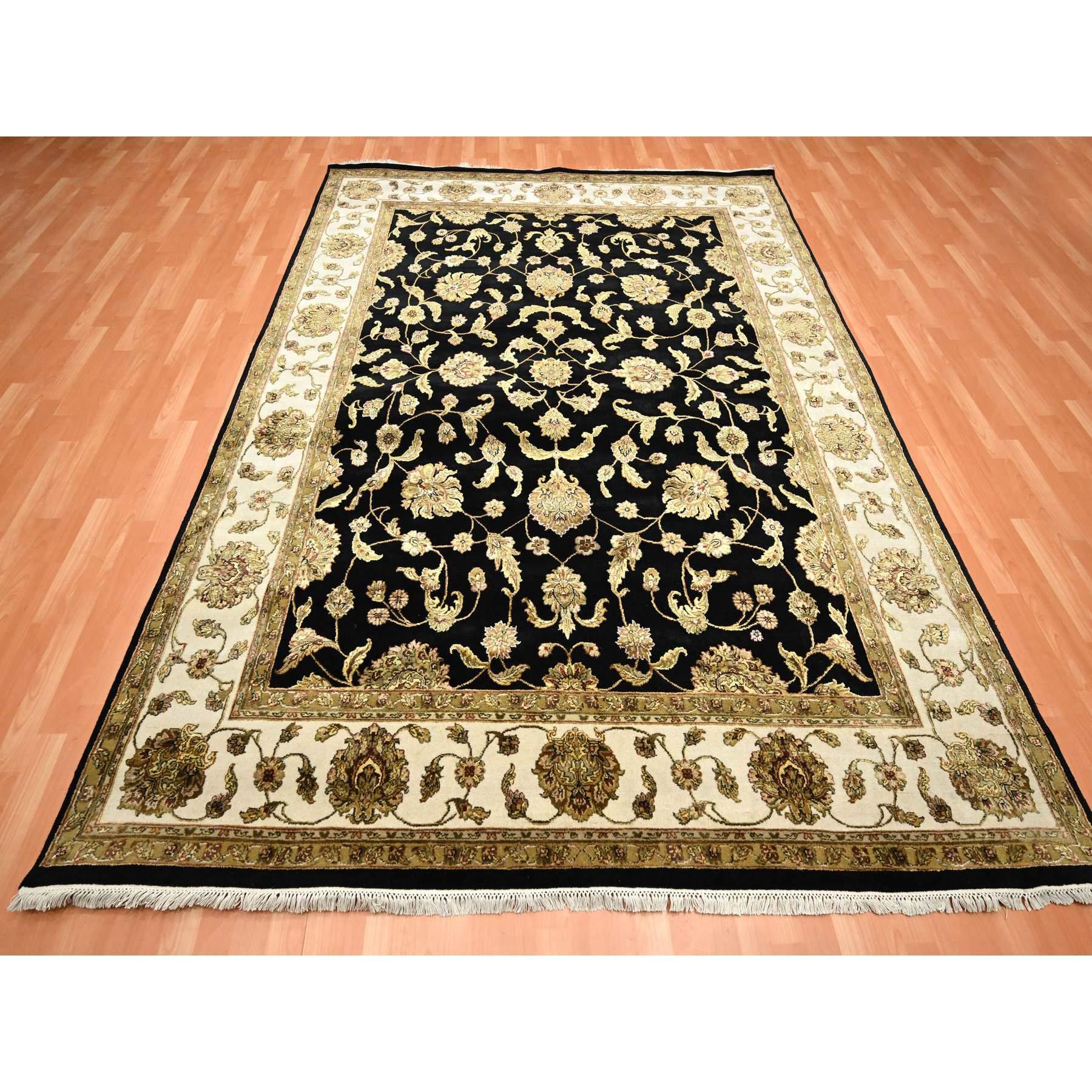 Midnight Black, Hand Knotted, Rajasthan All Over Leaf Design, Soft Pile, Wool and Silk, Thick and Plush, Oriental Rug
Primary materials: Wool & Silk
Latex: No Pile 
height: 0.25 Inches
Style: Traditional
Primary color: Black
Secondary colors: Brown,
