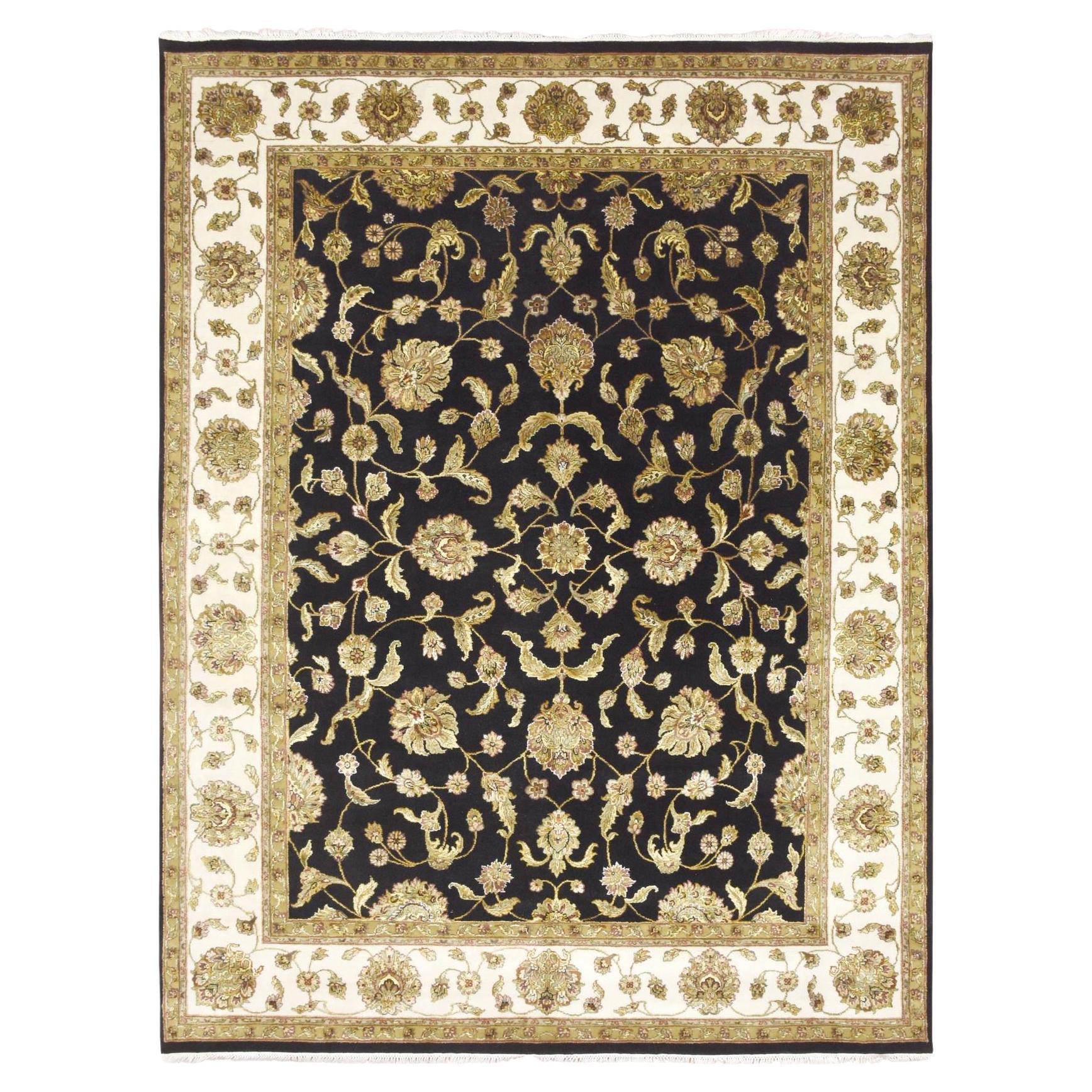 7'10"x10'4" Midnight Black Hand Knotted Rajasthan Leaf Design Wool and Silk Rug For Sale