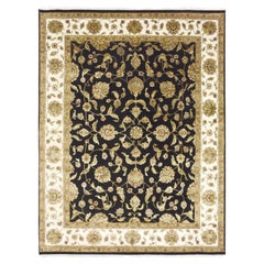 7'10 "x10'4" Noir minuit Tapis en laine et soie à motifs de feuilles du Rajasthan noué à la main