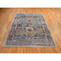 7'10"x10'5" Pink and Blue Pure Silk with Khotan Design Hand Knotted Oriental Rug