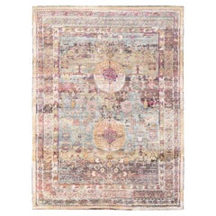7'10"x10'5" Pink and Blue Pure Silk with Khotan Design Hand Knotted Oriental Rug