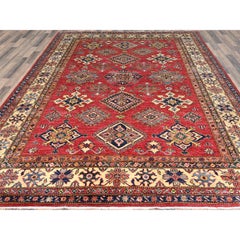 7'10"x10'6" Coral Red, Natural Wool Hand Knotted, Afghan Super Kazak Rug
