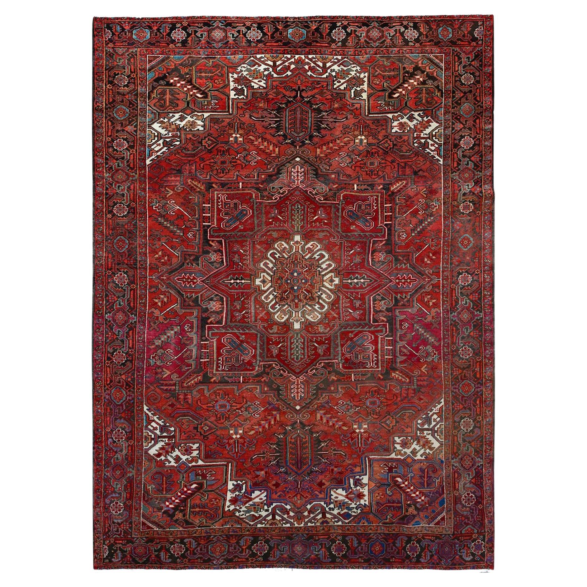 7'10"x10'7" Red Centre Geometric Element Pure Wool Vintage Worn Down Clean Rug