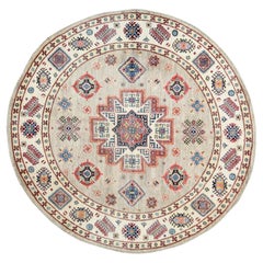 7'10 "x7'10" Beige, Caucásica Especial Kazak Diseño de Estrellas, Redonda, Alfombra de Lana