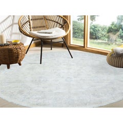 7'10"x7'10" Ivory White Wash Peshawar Soft Wool Hand Knotted Round Rug