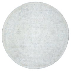 7'10 "x7'10" Ivory White Wash Soft Wool Peshawar Tapis rond noué à la main
