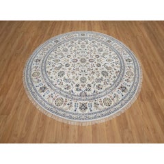 7'10"x7'10" Ivory Wool and Silk Nain with Floral Pattern Hand Knotted Round Rug
