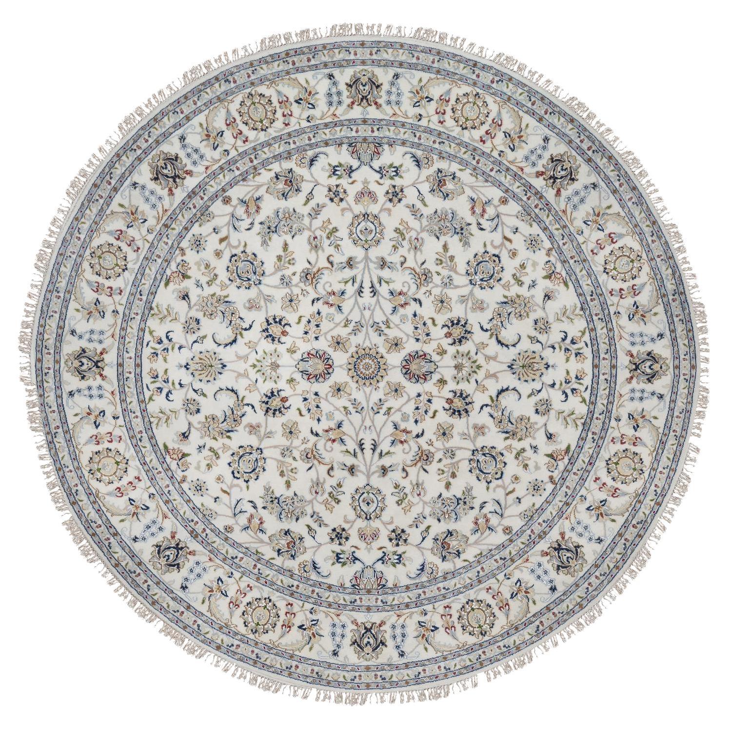 7'10"x7'10" Ivory Wool and Silk Nain with Floral Pattern Hand Knotted Round Rug