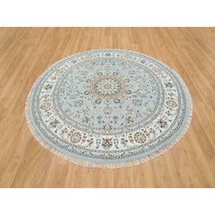 7'10"x7'10" Light Blue, 250 KPSI Soft Wool, Hand Knotted Nain Design Round Rug