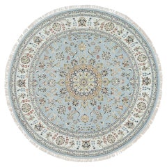 7'10"x7'10" Light Blue, 250 KPSI Soft Wool, Hand Knotted Nain Design Round Rug