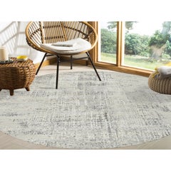 7'10"x7'10" Light Gray, Natural Wool, Hand Knotted, Modern Design Round Rug