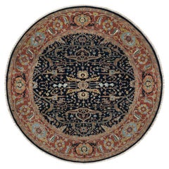 7'10 "x7'10" blu notte anticato Heriz Re-Creation Tappeto rotondo in lana annodato a mano