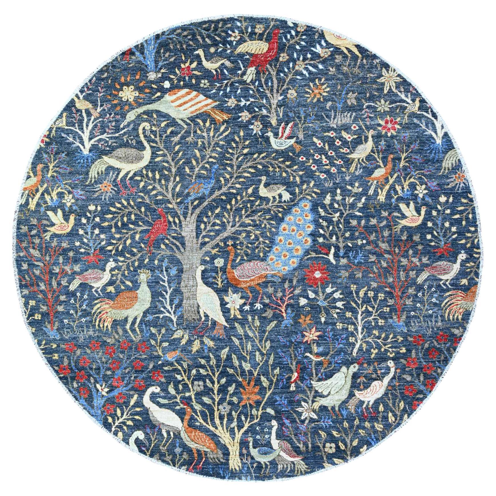 7'10"x7'10" Millennium Blue Hand Knotted Organic Wool Afghan Peshawar Round Rug For Sale