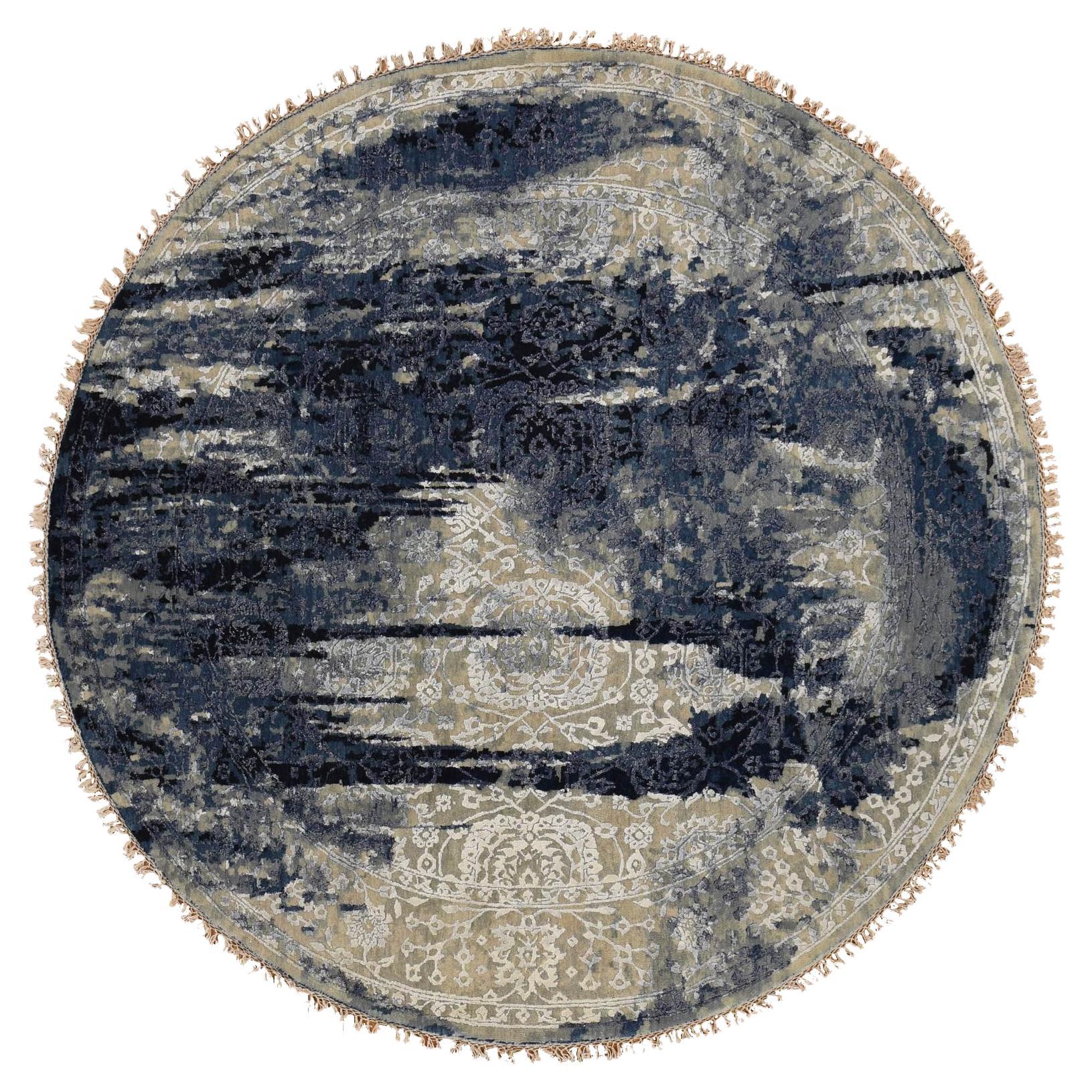 7
10"x7
10" Millennium Blue Wool and Silk Shibori Design Hand Knotted Round Rug For Sale