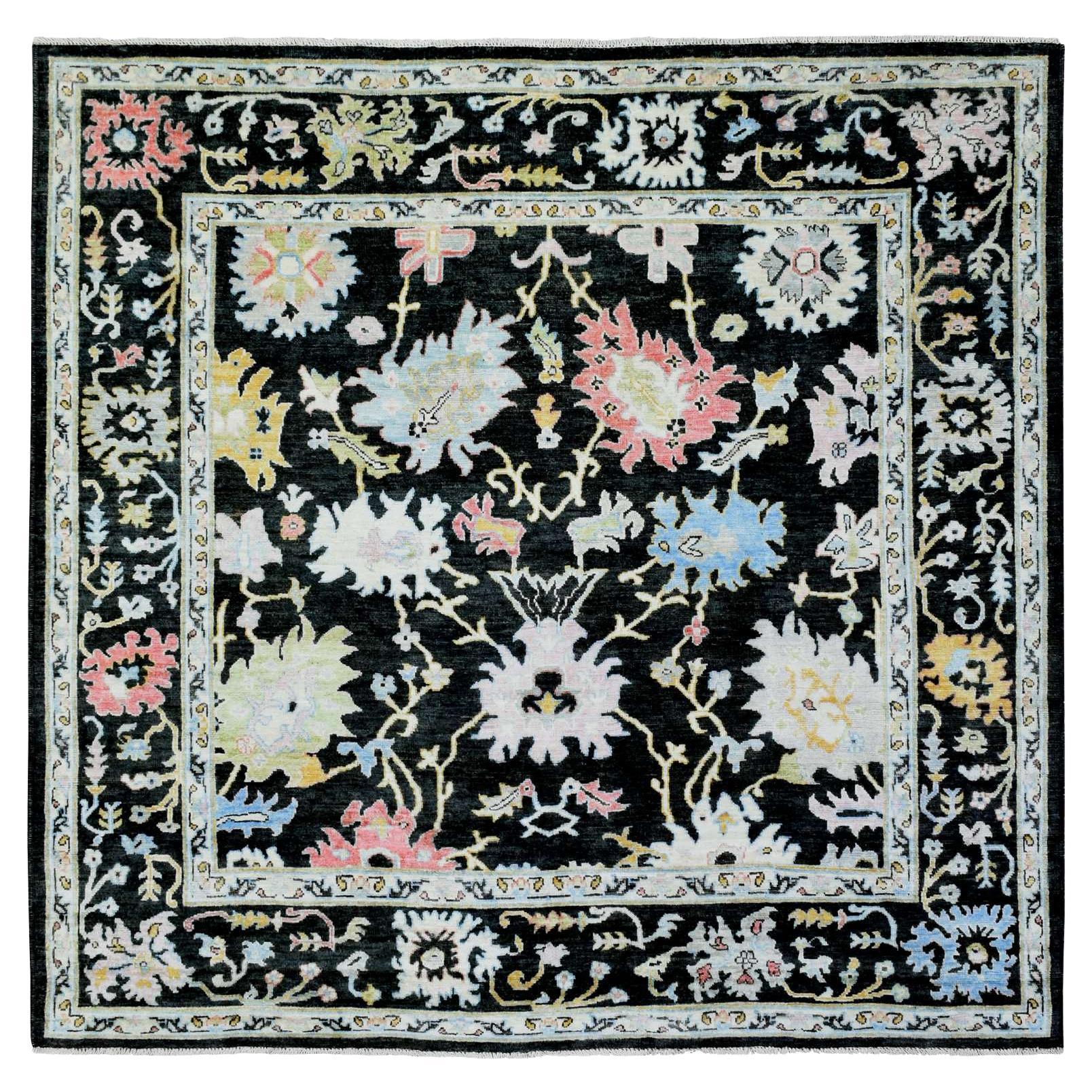 7'10"x7'10" Olive Black, Wool, Hand Knotted Afghan Angora Oushak Square Rug