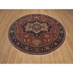 7'10"x7'10" Red Antiqued Fine Heriz Re-Creation Soft Wool Hand Knotted Round Rug
