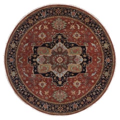 7'10"x7'10" Red Antiqued Fine Heriz Re-Creation Soft Wool Hand Knotted Round Rug