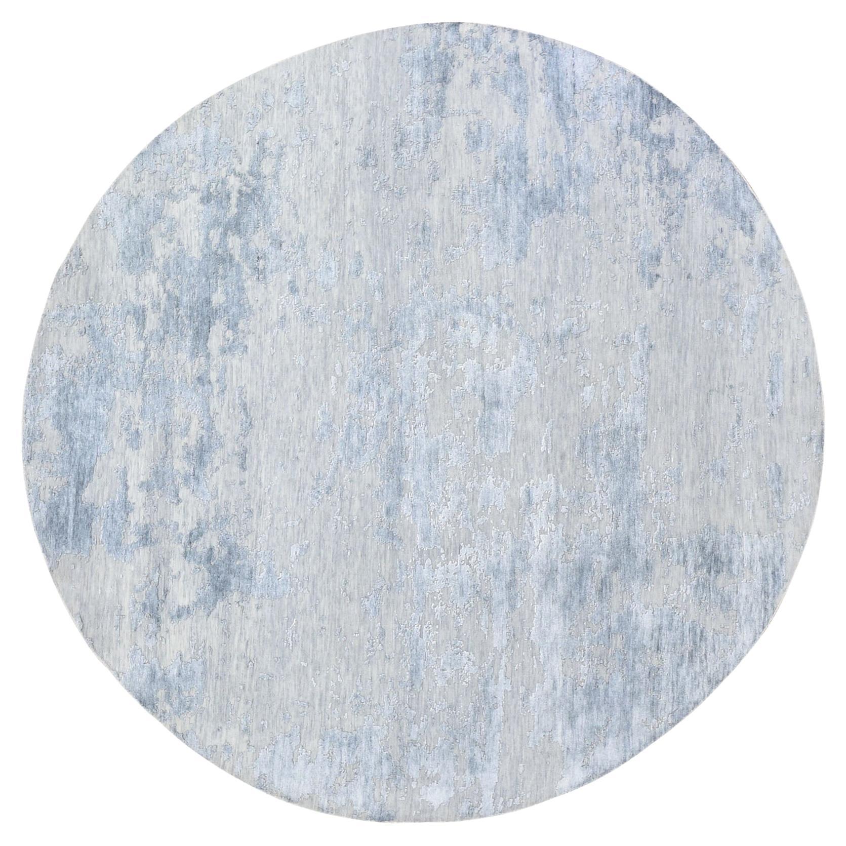 7'10"x7'10" Round Abstract Design Wool And Silk Hi-Low Pile Denser Weave Rug For Sale