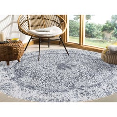 7'10"x7'10" Silver Gray Erased Persian Design Wool & Silk Hand Knotted Round Rug
