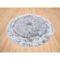 7'10"x7'10" Silver Gray Erased Persian Design Wool & Silk Hand Knotted Round Rug