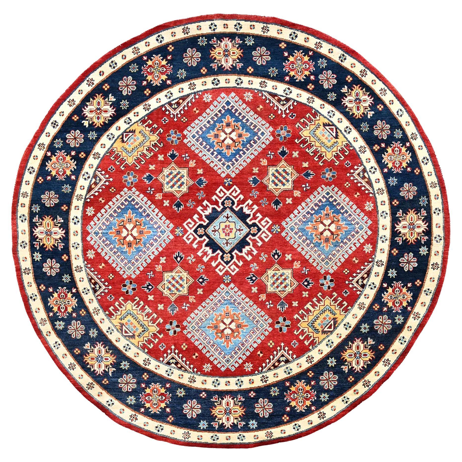 7'10 "x7'9" Rosso Morbida Lana Speciale Kazak Annodato a Mano Tappeto Orientale Rotondo